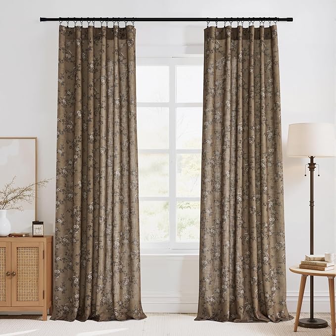 StangH Butterfly Floral Curtains anthropologie Elegant Vintage Farmhouse Decor Light Filtering Privacy Drapes Thick Linen Textured with Backtab, W52 x L96, Khaki, 2 Panels