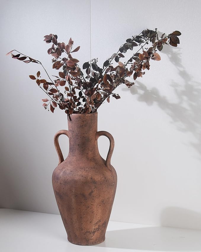 20.5in Tall Ceramic Floor Vase with Vintage Handles, Terracotta | Large Antique Terracotta Ceramic Floor Vase with Beige Speckles and Distressed Markings for Rustic Farmhouse Home Decor