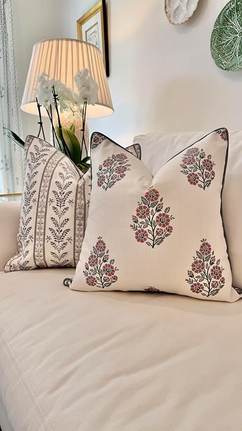 Jillien Harbor “The Sutton” Burgundy & Deep Green Floral Block Print Pillow Cover – Off-White Decorative Festive Throw Pillow Cover – Grandmillennial Home Decor, 20" x 20"
