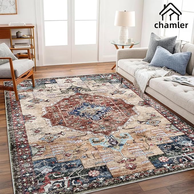 chamler 9x12 Washable Area Rug Boho Chic Medallion Distressed Design Non-Shedding Easy Care Ideal for High Traffic Areas in Rugs for Living Room Bedroom Office Coffee Table Large Carpet