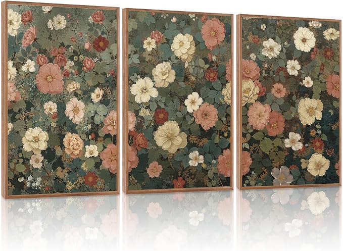 LHIUEM Vintage Blossom Flower Framed Canvas Wall Art Set,Nature Wildflowers Botanical Wall Decor,Retro Boho Floral Artwork for Living Room,Bedroom,Dining Room,Office-24 x36 x3