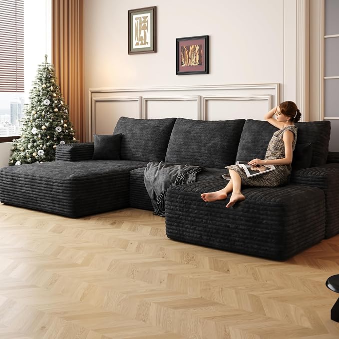 107" U Shaped Cloud Corduroy Couch with Ottoman, Comfy Sectional Boneless Couches for Living Room Bedroom, Deep Seat Sleeper Compression Sofa, No Assembly, Left Facing Chaise, Black