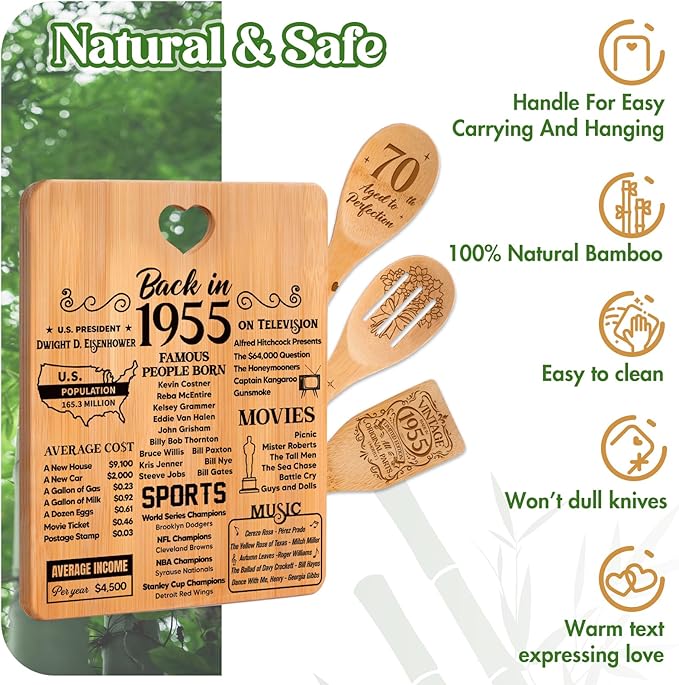 70th Birthday Gifts for Women - "Back in 1955" 70th Birthday Gifts for Men Cutting Board, Bamboo-Made Engraved "Year 1955 News" 70th Birthday Gifts