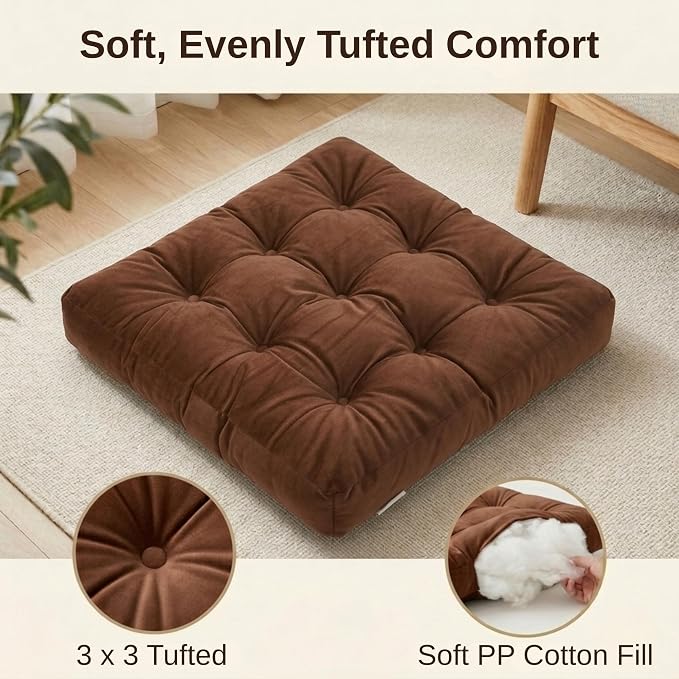 Floor Pillow for Adults, Soft Velvet Floor Cushion for Sitting, Single Square Tufted Floor Pillow for Reading Nook, Living Room, Bedroom, 22 x 22 Inch, Brown