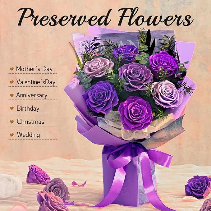 Flowers for Delivery Prime 7 Roses, Mothers Day Flowers for Mom, Mothers Day Gifts, Forever Preserved Purple Flower Bouquet Eternas Rose Birthday Gifts for Women Gf Gifts Wedding Anniversary