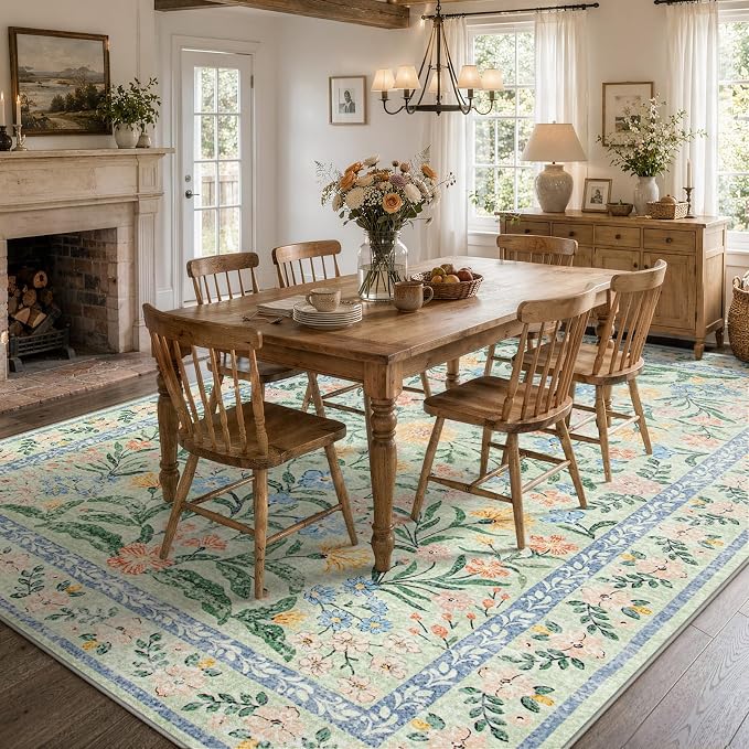 Wonnitar Machine Washable Area Rugs 9x12, Soft Sage Green Floral Rug for Living Room Bedroom, Ultra-Thin Large Foldable Boho Carpets for Playroom Classroom Dining Room