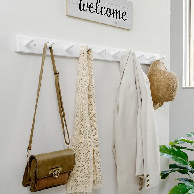 WEBI Coat Rack Wall Mounted,10 Hooks,38" Long Coat Hanger Wall Mount,Peg Rail Hat Hooks for Hanging Caps,Jacket,Clothes,Coats,White