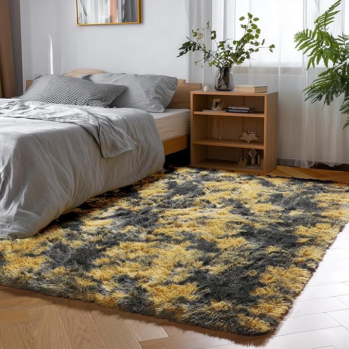 PAGISOFE 4x6 Black and Yellow Bedroom Rugs, Fluffy Modern Living Room Area Rug, Fuzzy Shaggy Carpet, Indoor Plush Rugs for Kids Room Furry Floor Rug for Boys Room Decor Carpet for Teen Dorm Nursery
