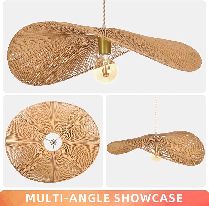 Arturesthome 23.6" Modern Paper Chandelier Rattan Pendant Lighting Large Wicker Light Fixtures Adjustable Height Hanging Lighting Fixture for Kitchen Bar Hallway