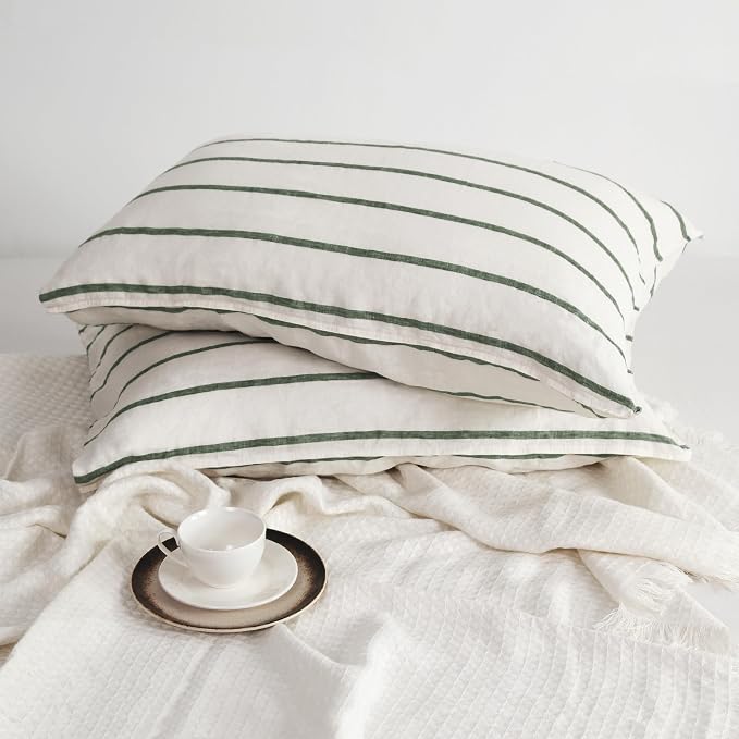 Linen World Striped Linen Pillow Cases Set of 2,20"x40" King Size,100% French Natural Flax Soft Summer Pillow Cases,Olive Green and Cream Stripe