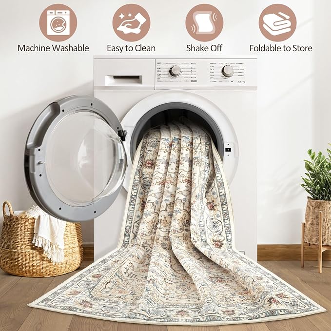 7x9 Area Rug Living Room: Washable Boho Large Neutral Vintage Soft Rugs Stain Resistant Farmhouse Non Slip Indoor Floor Carpet for Bedroom Nursery Kids Playroom Office Dining Room- Cream Blue