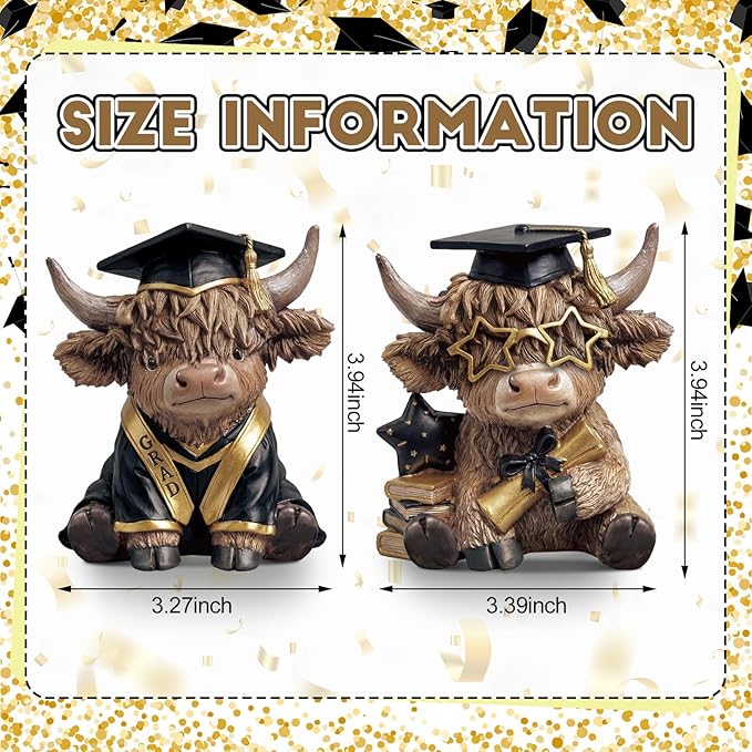 Karenhi 2 Pcs 2026 Graduation Highland Cow Figurines, Resin Congrats Grad Desk Decorations with Cap and Diploma, Cute Cow Keepsake Gifts for Party, Shelf or Desk Table Centerpiece Decor