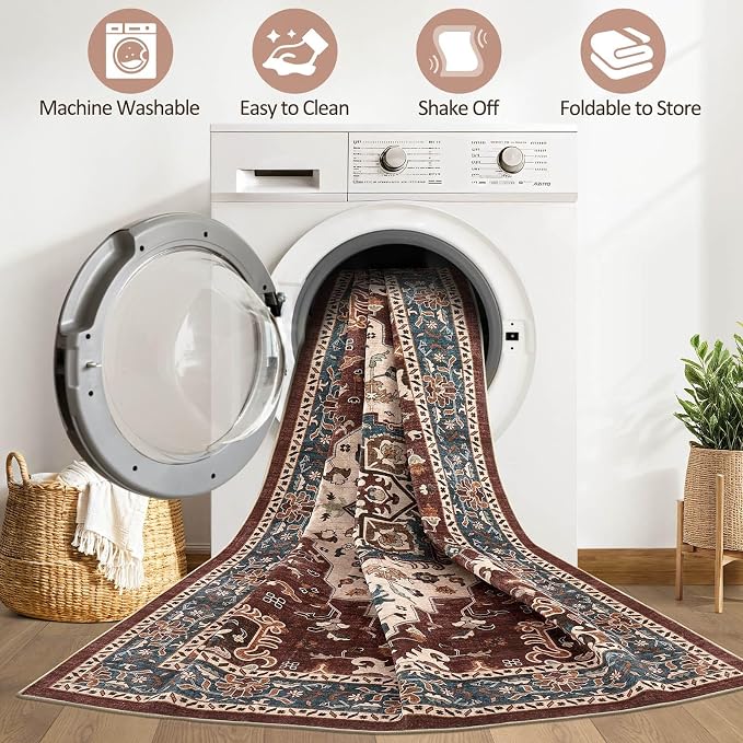 7x9 Area Rug Living Room: Washable Boho Large Neutral Vintage Soft Rug Stain Resistant Farmhouse Non-Slip Indoor Floor Retro Carpet for Bedroom Nursery Kids Office Dining Room- Burgundy
