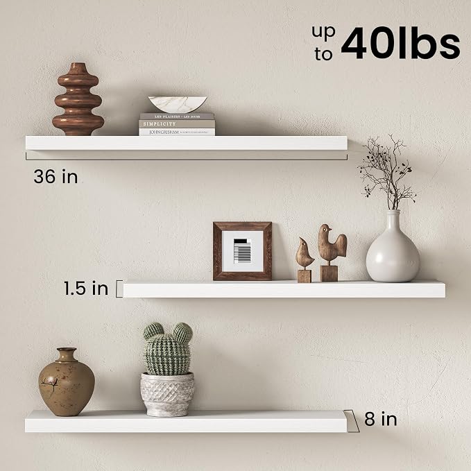Fun Memories 36Inch Floating Shelves for Wall, 8 Inch Deep Shelves for Bathroom|Bedroom|Kitchen, Large Wall Mounted Wood Hanging Shelf with Invisible Brackets for Home Storage Decor, White - 2 Pack