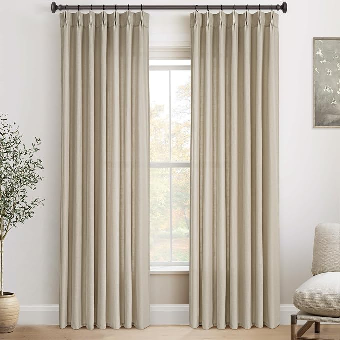 Taupe Linen Curtains 102 inch Length 2 Panels for Living Room Light Filtering Semi Sheer Pleated Curtains with Hooks Burlap Textured Neutral Country Rustic Curtain Drapes Ceiling Floor Extra Long 102