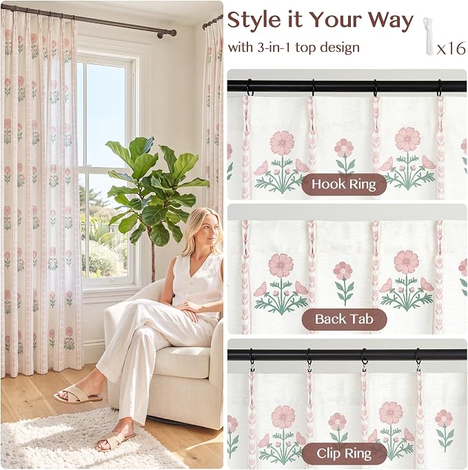 THREE GIRLS Pinch Pleated Light Filtering Linen Blend Floral Block Print Curtains for Girls Room, Nursery, Living Room, Modern Farmhouse, Memory Trained, Hooks, 2 Panels Set, 40"x102", Pink