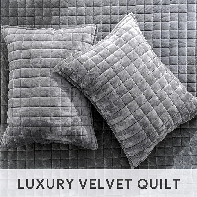 RECYCO Luxury Velvet Quilt Set Full Queen Size, Lightweight Velvet Comforter Set, Oversized Bedspread Coverlet Quilted Bedding Set, with 2 Matching Pillow Shams, for All Season, Gray