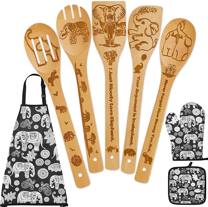 Elephant Gifts for Women,8pcs Elephants Bamboo Cooking Utensil Spoons with Apron Oven Mitt Potholder,Personalized Elephant Gift for Mom,Housewarming Kitchen Decor,Easter,Birthday,Mother's Day