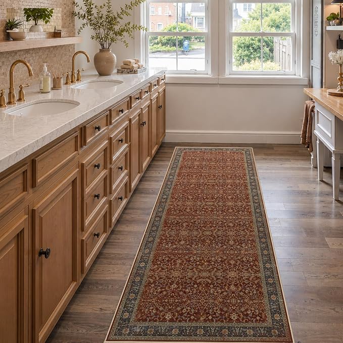 2x6 Washable Runner Rug Non Slip, Old Money Aesthetic Carpet Runners for Hallway Kitchen 6ft Vintage, Low Pile Thin Print Entryway Runner for Bathroom Mudroom Bedroom, Deep Burnt Orange