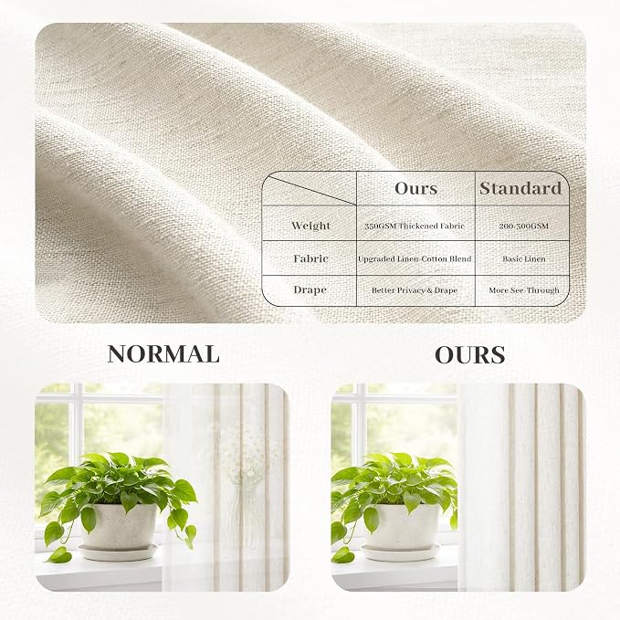 105 Inches Long Pinch Pleated Linen Curtains for Living Room 2 Panels Set Neutral Ivory Memory Pleat Drapes Back Tab Light Filtering Boho Ceiling Floor 105 Inch Window Curtains Natural Birch