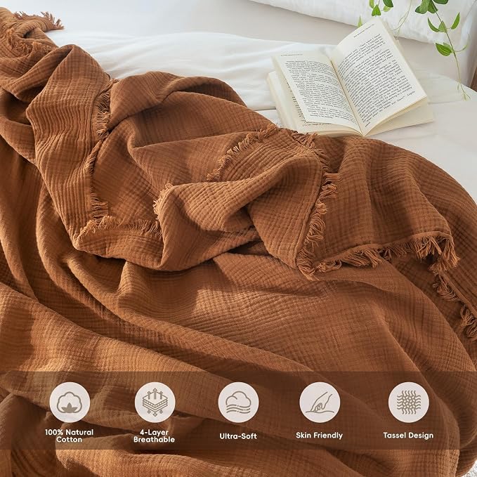 MooMee Muslin Blanket - 100% Cotton 4-Layer Gauze Throw Blanket with All-Around Fringe, Soft Breathable Lightweight Cooling Summer Blankets for Bed Couch (Drak Orange,King 104" x 90")