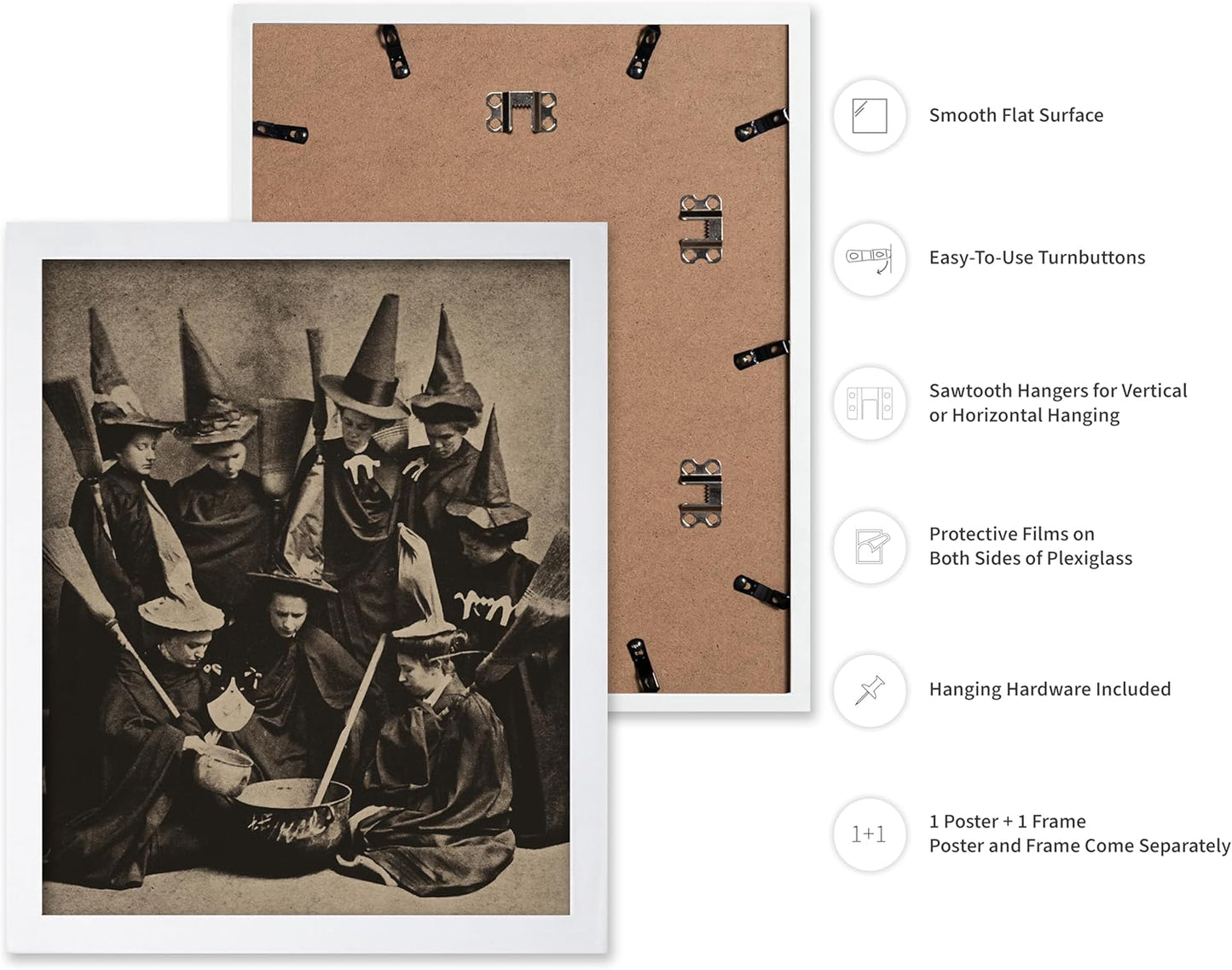 Poster Master Vintage Photograph Poster - Retro Halloween Print - Gift for Artist, Friend - Witches Cooking, Pointy Hats, Broomsticks, Black Magic - Wall Decor for Bedroom, 8x10 White Framed