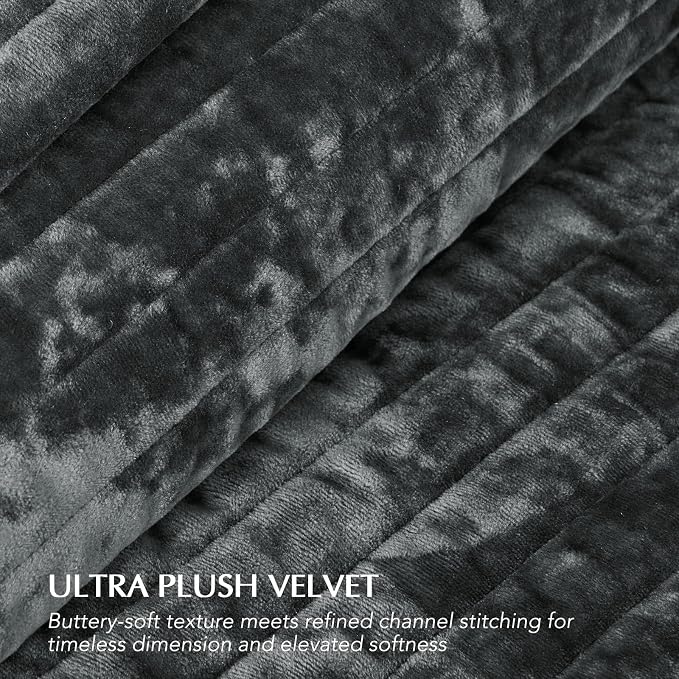 EVERGRACE Velvet Quilt Set California King 118'' x 106'', Luxurious Soft Striped Channel Bedding Set, Lightweight Velvet Comforter for All Season, Oversized Bedspread Coverlet w/ 2 Shams Charcoal Gray