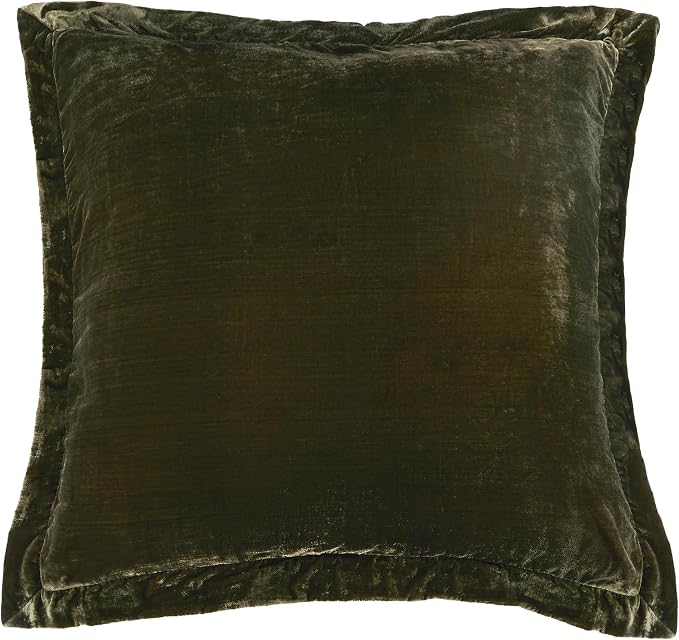HiEnd Accents Stella Faux Silk Velvet Flanged Euro Sham Pillow Cover, 27x27 inch, Fern Green, Romantic Western Modern Traditional Style Luxury Bedding