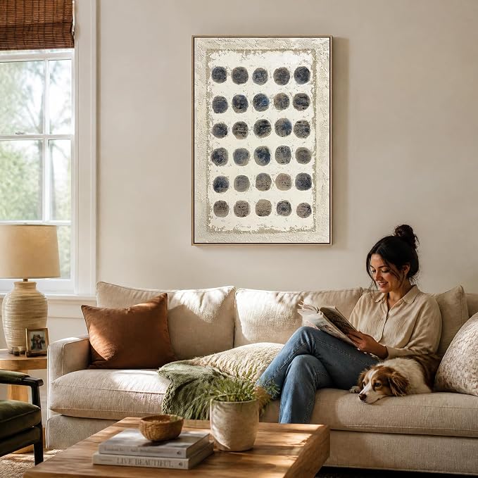 SAFERRYHOME Abstract Hand Painted Neutral Wall Art, 24"x36" Framed | Large Minimalist Textured Framed Canvas Wall Decor, Neutral Geometric Circle Painting Artwork for Home Office Living Room