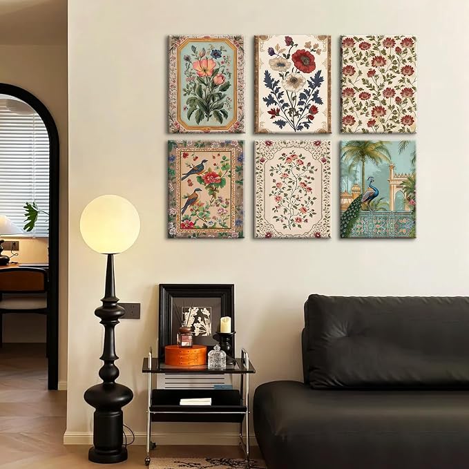 Indian Wall Art Vintage Floral Canvas Poster India Wall Decor Folk Flower Prints Scandinavian Pictures Antique Botanical Painting Gallery Artwork for Bedroom Living Room 12x16x6 Inch Ready to Hang