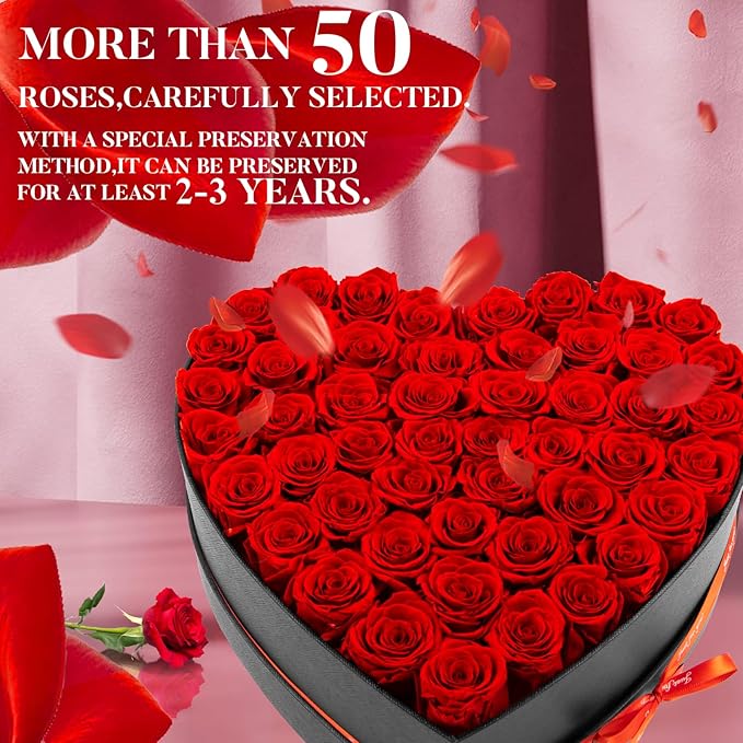 Impouo 50 Forever Flowers, Preserved Rose in Heart Shape Box, Eternal Roses, Birthday Gifts for Women, Wife, Her, Mother's Day -Red
