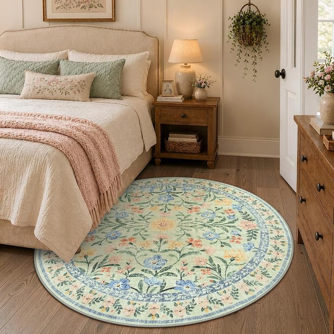 Wonnitar Washable Round Area Rug, 5ft Green Floral Round Rug Boho Soft Circle Carpet, Non Slip Low Pile Circle Accent Carpets for Kitchen Living Room Entryway Bedroom