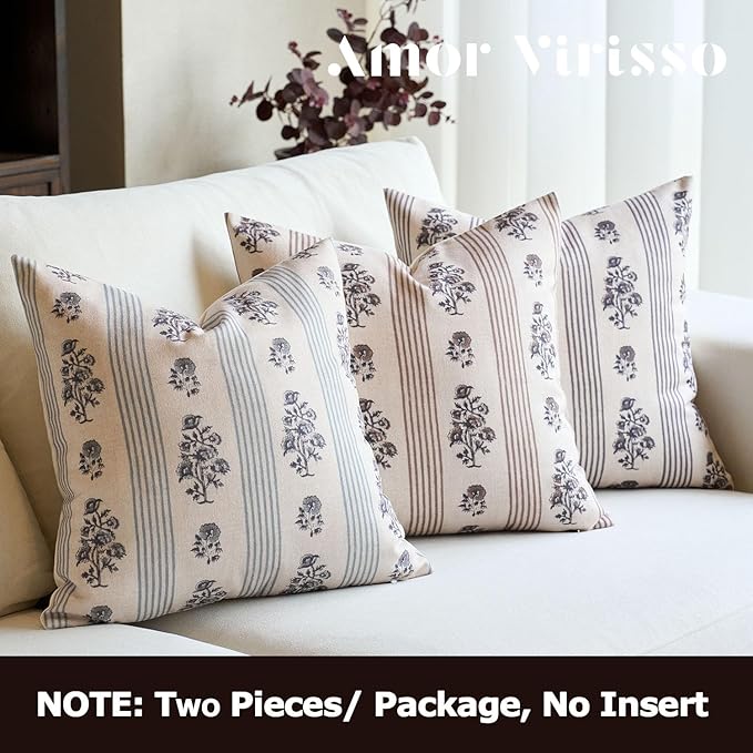 Amor Virisso Floral Throw Pillow Covers 24x24 Set of 2 Block Print Pillow Covers Neutral Floral Striped Farmhouse Decorative Pillow Covers for Sofa Couch Bed, Light Taupe