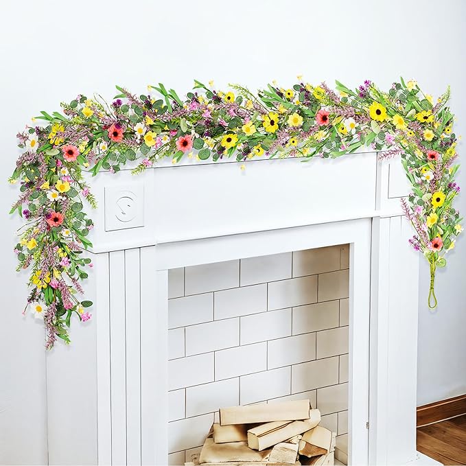 6 ft Artificial Wildflower Garland Wisteria Lavender Garland Daisy and Lavender Faux Floral Vine Summer Spring Floral Fake Wreath All Year Round Home Decor for Indoor Outdoor Home Wedding Arch