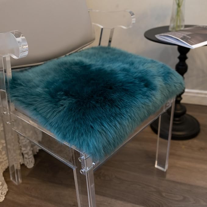 Sheepskin Chair Cushion Non-Slip Back Square Genuine Fur Chair Cover Silky Natural Wool Seat Cushion Pad Soft Area Rugs Carpet for Home Office Restaurant Chair 18x18 Inch (Pack of 1),Peacock Blue