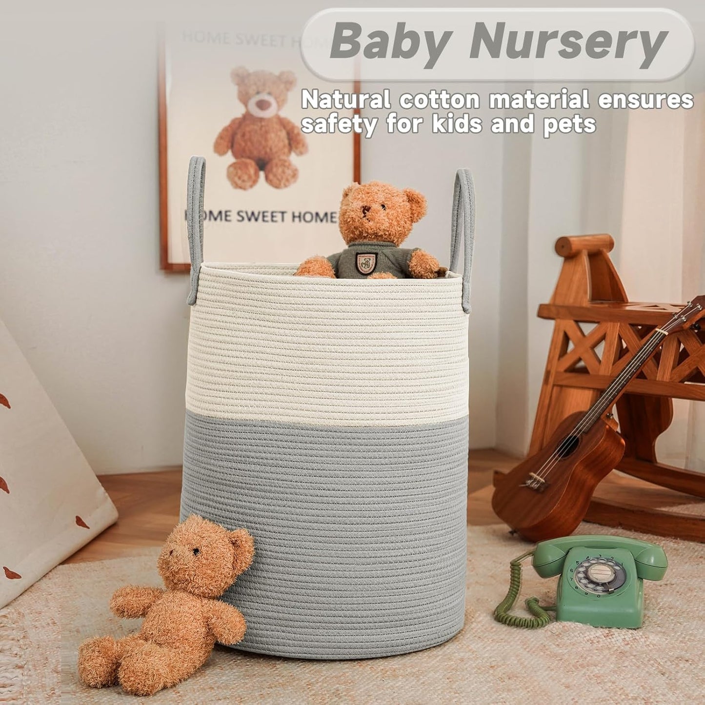Large Woven Laundry Basket Hamper,80L Cotton Rope Storage Bin for Blankets,Toys and Clothes,Decorative Tall Nursery Hamper for Living Room,Baby Nursery,Bathroom and Bedroom,White and Grey