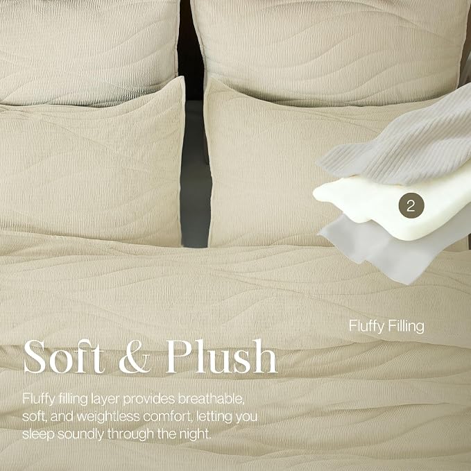 DOWN HOME Crinkle Textured Velvet Quilt Set with Shams, All-Season Luxury Modern Bedding,Easy Care Comforter,Ultra-Soft,Lightweight & Breathable, King, Ivory White