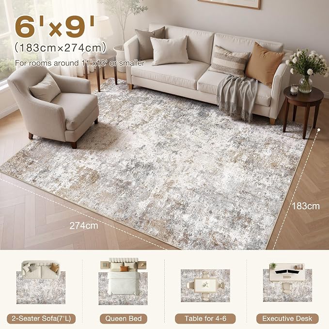 UERMEI 6x9 Area Rug Living Room Rugs - Washable Neutral Modern Abstract Soft Thin Large Rug Indoor Floor No Slip Rug Carpet for Bedroom Under Dining Table Home Office Decor - Brown Grey