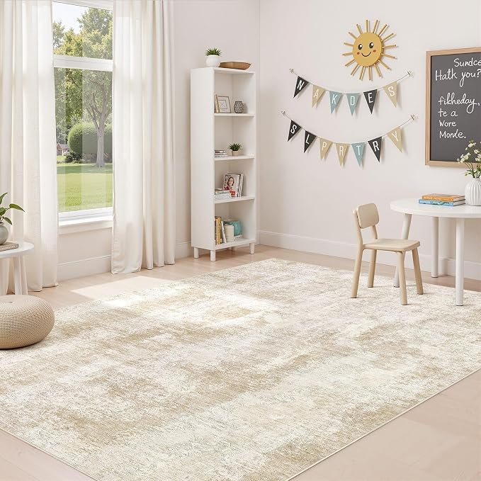 UERMEI Area Rug for Living Room: 6x9 Washable Neutral Abstract Modern Soft Rugs Non Slip Indoor Floor Stain Resistant Carpet for Bedroom Dining Room Office Nursery - Beige