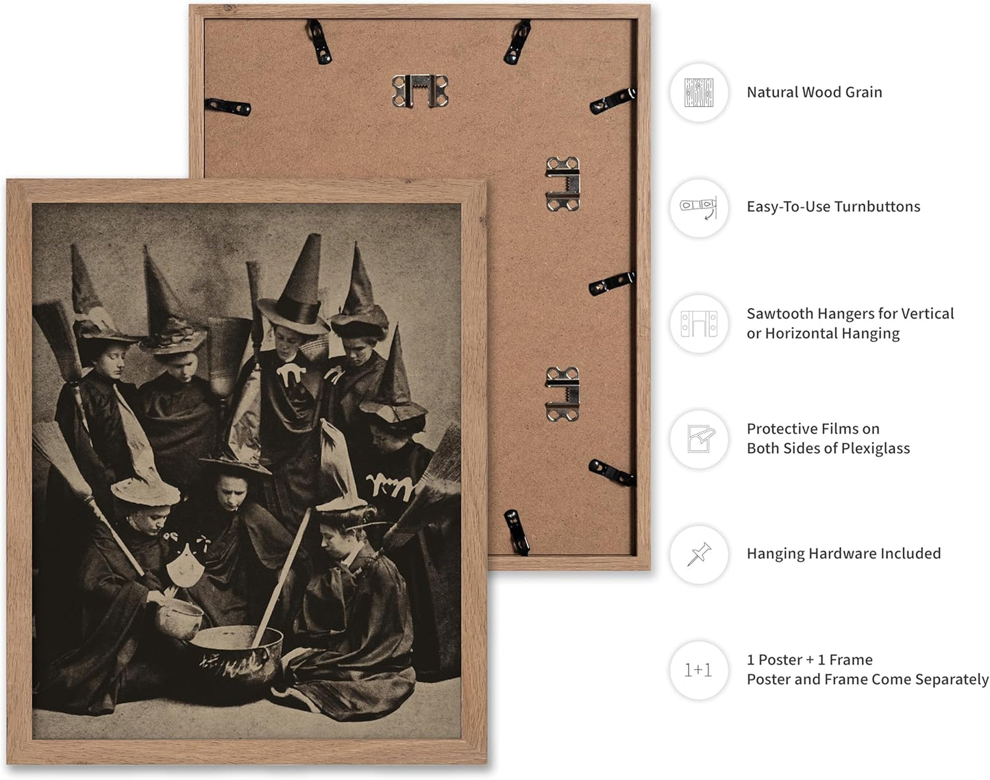 Poster Master Vintage Photograph Poster - Retro Halloween Print - Gift for Artist, Friend - Witches Cooking, Pointy Hats, Broomsticks, Black Magic - Wall Decor for Bedroom, 16x20 Beige Framed