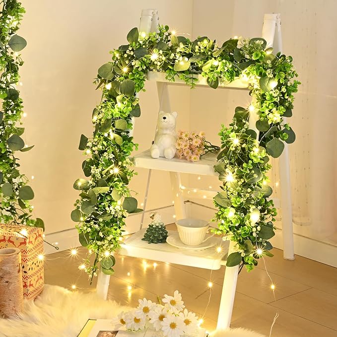 4Pcs Eucalyptus Garland with Lights, Greenery Garland, Green Garland with Flowers, 5.9FT Artificial Faux Eucalyptus Leaves Vines for Table Mantle Home Wedding Party Indoor Outdoor Decor