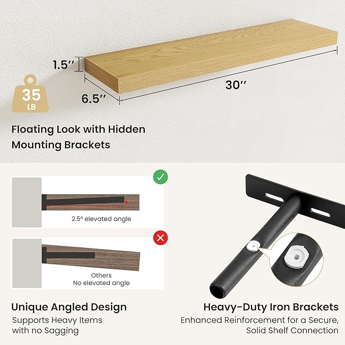 Fun Memories Rustic Wood Floating Shelves for Wall, Space-Saving Wall Mounted Shelves for Bathroom, Bedroom, Living Room and Kitchen, Stylish Storage & Display (Set of 2, Oak, 30 in)