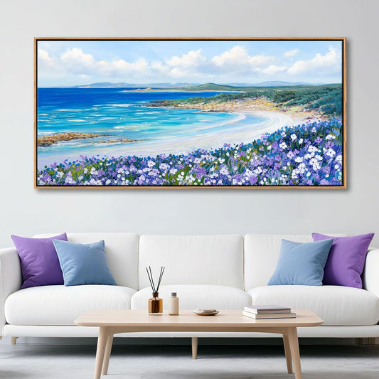 Mofutinpo Coastal Beach Wall Art,Large Purple Flower Landscape Canvas Wall Art for Living Room & Bedroom Decor, Framed Blue Beach Pictures & Paintings for Walls,Ocean Artwork for Home & Office 29x58IN