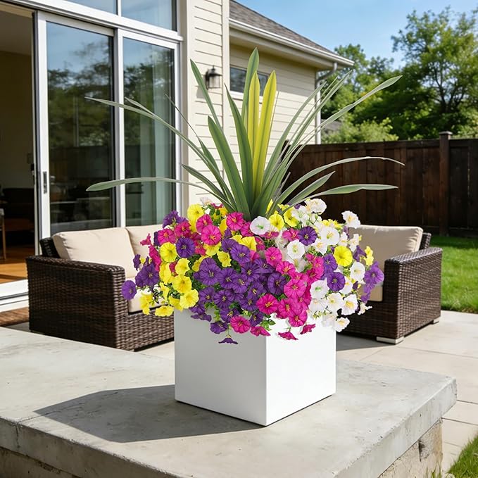 INXUGAO Artificial Flowers for Outdoors Fake Plants Outside, 12 Bundles Silk Morning Glory with Eucalyptus + Orchid Leaf UV Resistant Realistic Faux Flowers for Porch Planter Garden Patio (Mix Color)