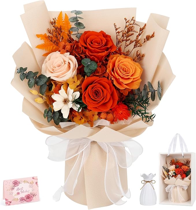 Flowers for Delivery Prime Preserved Flower Bouquet That Last 3-5 Years Real Forever Rose Bouquet for Her Women Wife Grandma Girlfriend Anniversary Birthday Mothers Day Gifts for Mom,Orange