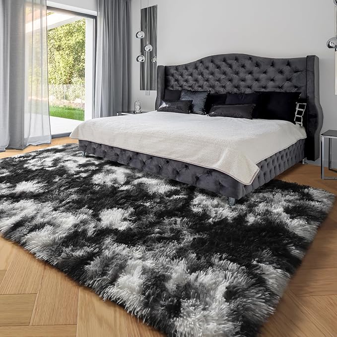 PAGISOFE 9x12 Area Rugs Living Room, Extra Large Black White Grey Rugs for Bedroom Fluffy Indoor Rugs for Kids Room Classroom Dorm Room Aesthetic Shaggy Carpet Plush Modern Cool Rug