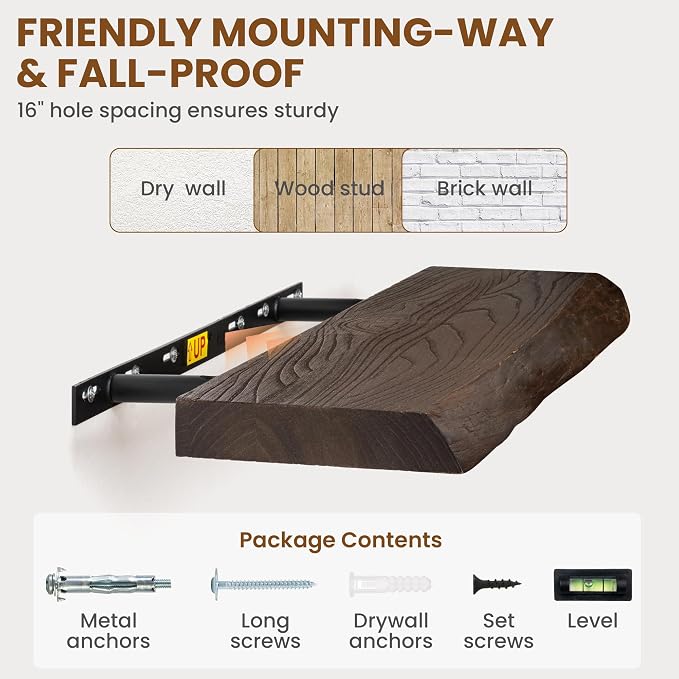 24 Inch Live Edge Floating Shelves for Wall 2 Pack Shelves for Bedroom, Bathroom, Kitchen, Wall Mounted Rustic Solid Elm Wood Floating Shelf with Invisible Bracket for Books, Decor, Storage, Walnut