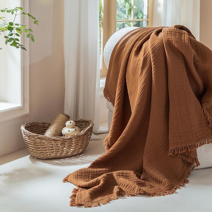 Muslin Fringe Blankets for Adults: 100% Cotton Cloud Soft | 4-Layer Gauze Breathable Lightweight All Season Throw Blanket for Bed Couch Sofa Office