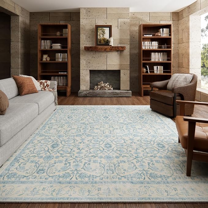 Washable Rugs for Living Room: 6x9 Area Rugs for Bedroom Ultra Soft Non-Slip Low Pile Vintage Boho Large Carpet for High-Traffic Dining Room - Farmhouse Decor