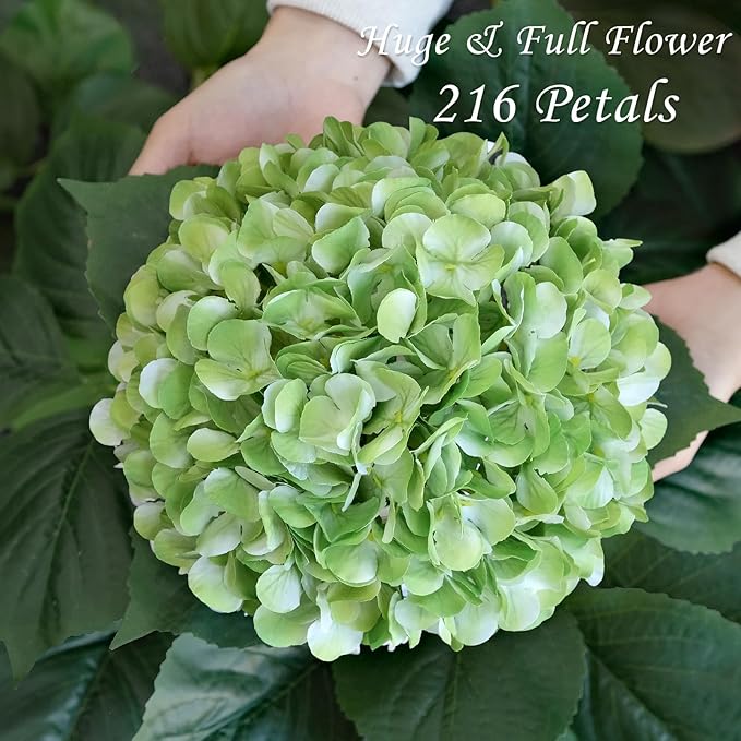 JINWOE Green Hydrangea Artificial Flowers, 4Pcs 22" Large Lifelike Faux Silk Flowers, Full Artificial Hydrangeas for Bouquet Table Centerpieces Indoor Spring Outdoor Home